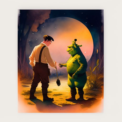 Delicate watercolor illustration, Adolf Hitler and Shrek smoking marijuana together on the ground in a swamp watching the sunset, Warm color palette, Pastel colors, White background, Cozy