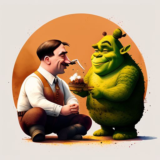 Delicate watercolor illustration, Adolf Hitler and Shrek smoking marijuana together on the ground both high, Warm color palette, Pastel colors, White background, Cozy