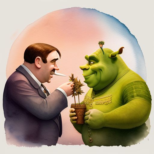 Delicate watercolor illustration, Adolf Hitler and Shrek the ogre falling in love as they smoke marijuana
 together, Warm color palette, Pastel colors, White background, Cozy