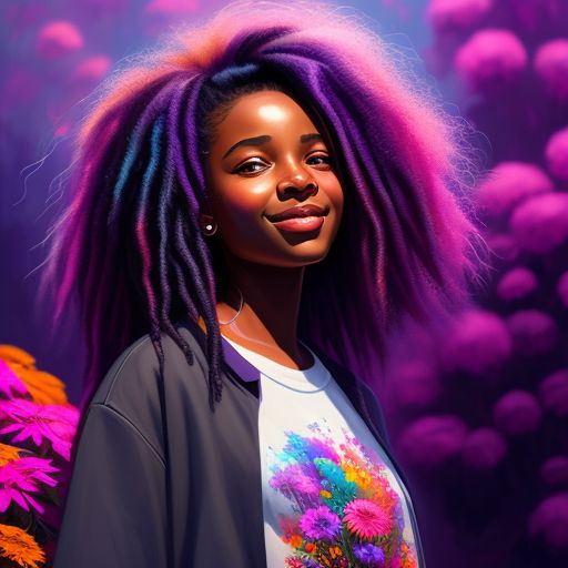A young black girl with dreads , wearing a purple shirt, surrounded by colorful flowers, Warm lighting, High detail, charming and happy expression, Intricate, Digital painting, Trending on Artstation, art by loish, Ross Tran, and zdislav beksinski.