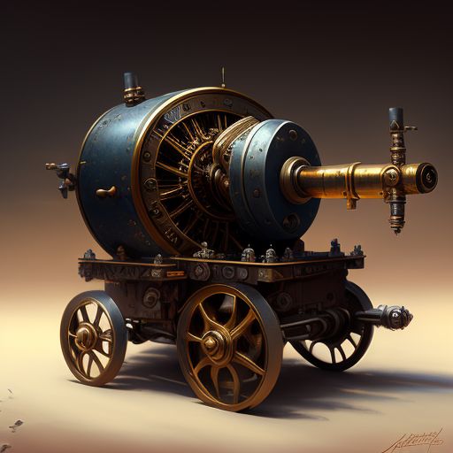 small mechanical cannon with legs, moody atmosphere, Fine details, oil painting style, Artstation, by james gurney and john howe, Steampunk, mechanical parts, Intricate, clockwork mechanism, warm toning.