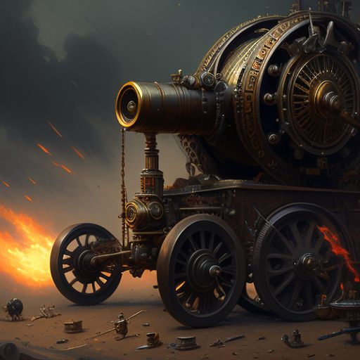 small mechanical cannon with legs, moody atmosphere, Fine details, oil painting style, Artstation, by james gurney and john howe, Steampunk, mechanical parts, Intricate, clockwork mechanism, warm toning.