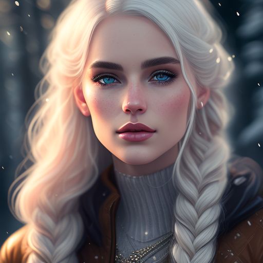 Portrait of a beautiful white girl, white hair, braided hair, blue eyes, blushing, white alluring dress, big heavy chest, cinematic style, sensual and winter magic., with warm golden lighting and a hazy nostalgic feel, art by lois van baarle and alena aenami, Highly detailed, intricate brushwork, Trending on Artstation, Concept art, dreamy atmosphere.