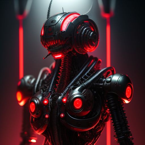 A disturbing and menacing robot that has some uncanny features
, glowing red eyes, and sharp metallic teeth, in a dimly-lit sci-fi laboratory, Highly detailed, Intricate, Digital painting, Artstation, Concept art, Sharp focus, trending on deviantart and instagram, inspired by hr giger's biomechanical designs.