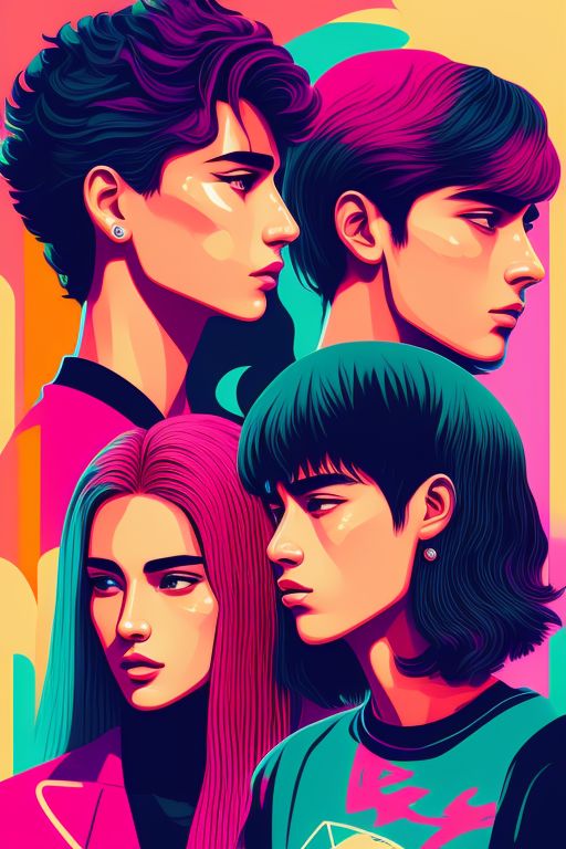 Side profile, A group of friends chilling in casual outfits, Vector, anime, Retro, Grain, logo, clear background
, Vector illustration, in the style of psychedelic color palette, Outrun, expressive, textured portraiture, terrorwave, marine painter, 32k uhd, Close up, 4k