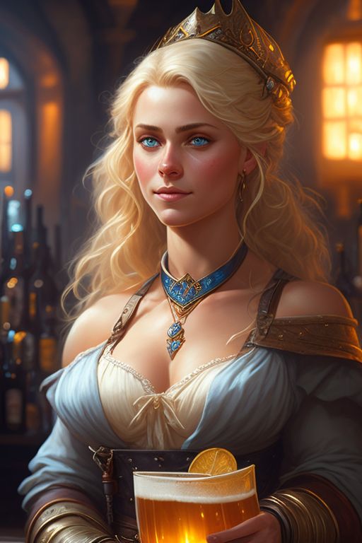 Centered, Photography, Realistic, A detailed portrait of a blond woman, barmaid, blue eyes, pouring ale, by justin gerard and greg rutkowski, digital art, realistic painting, dnd, character design, trending on artstation, Cinematic, Beautiful, Ultra detailed, Dramatic Lighting