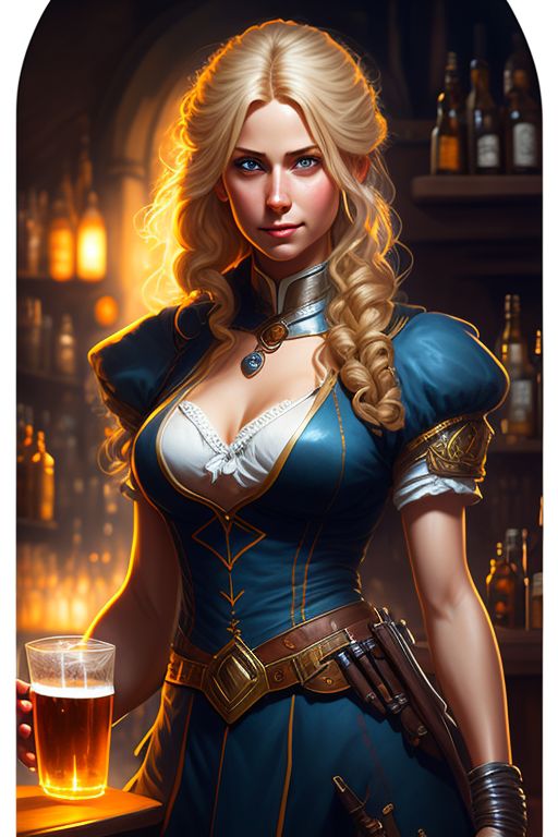 Centered, Photography, Realistic, A detailed portrait of a blond woman, barmaid, blue eyes, pouring ale, by justin gerard and greg rutkowski, digital art, realistic painting, dnd, character design, trending on artstation, Cinematic, Beautiful, Ultra detailed, Dramatic Lighting