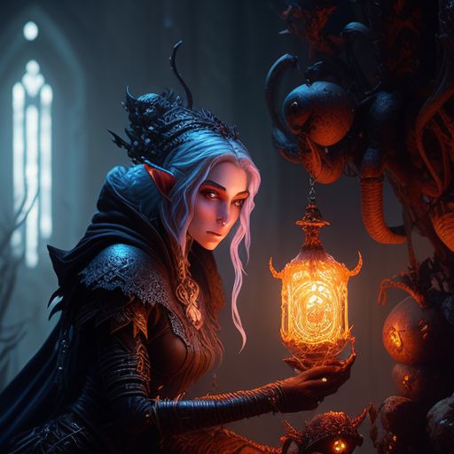 young drow half-elf female warlock with lolth the spider queen, set in a dimly lit dungeon with glowing mushrooms, Highly detailed, Intricate, digitally painted by a mixture of artgerm, Greg Rutkowski, magali villeneuve, and rk post.