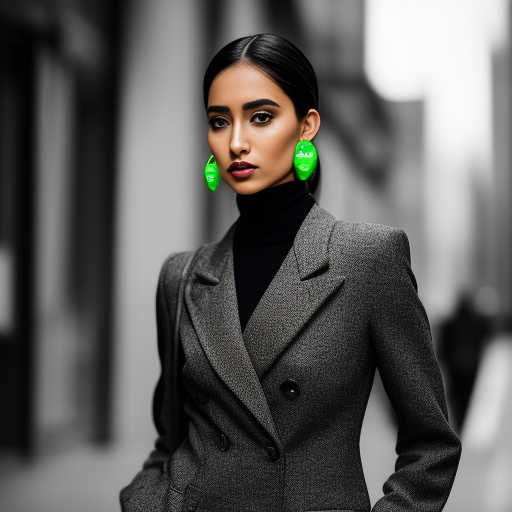  a handsome, (fashionable), (((unpredictable appearance))), gray simple background, chic colors, A tailored pantsuit paired with a neon green turtleneck and statement earrings., Dark background, dim lighting, highly contrasted, Gritty, Black and white, Raw, unfiltered, no retouching, trending on instagram.