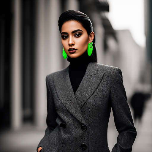  a handsome, (fashionable), (((unpredictable appearance))), gray simple background, chic colors, A tailored pantsuit paired with a neon green turtleneck and statement earrings., Dark background, dim lighting, highly contrasted, Gritty, Black and white, Raw, unfiltered, no retouching, trending on instagram.