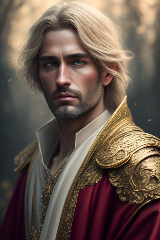 Fantasy Character portrait. Adult, mature male about 30 years old.  Preacher wearing robes of gold and red.  Extremely handsome, with medium length blond hair, brown eyes, but with a stern expression, judging the world., Photography, powerfull colors, Modern, Fantasy concept art, 32k resolution, best quality, Masterpiece, Natural light, Insanely detailed, 8k resolution, Fantasy art, Detailed painting, Hyper Realism, Photorealistic, by carguilar, beautiful detailed intricate, Insanely detailed, natural skin, soft impressionist perfect composition, award-winning photograph, Kids story book style, Muted colors, Watercolor style