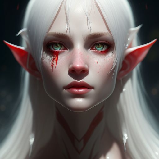 Albino elf, white hair, skin fair as snow and eyes with red pupils, dark lighting, low angle shot, Realistic texture, wet surfaces, Digital painting, Artstation, Concept art, Sharp focus, By greg rutkowski, trending on artstation., Ray lens flare