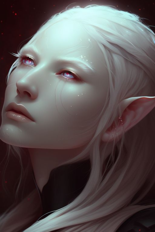Albino elf, pale, translucent skin, snow-white hair, and deep red pupil of eyes, Fantasy, Dreamlike, Ethereal, Highly detailed, Digital painting, chilling effect, Trending on Artstation, art by loish and ross tran and artgerm, illuminated, sharp focus.