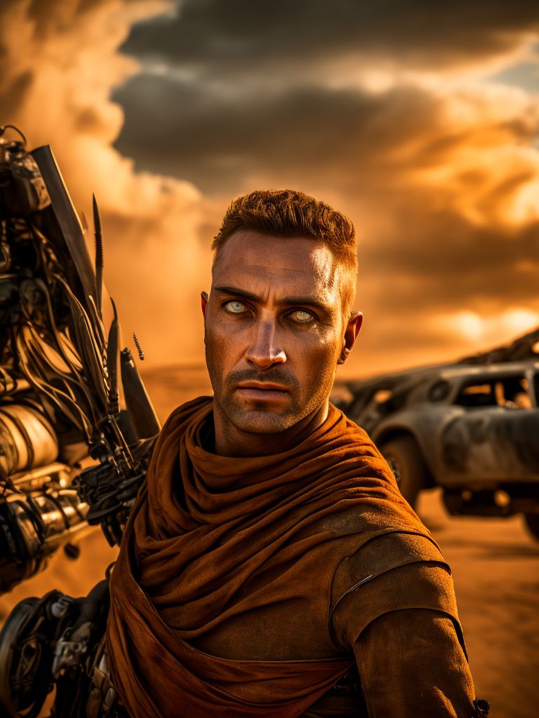 mad Max style, Rim lighting, Studio lighting, Looking at camera, DSLR Photography, Ultrafine, Sharp focus, Film, 8k, Perfect eyes, Highly detailed skin, Skin pores