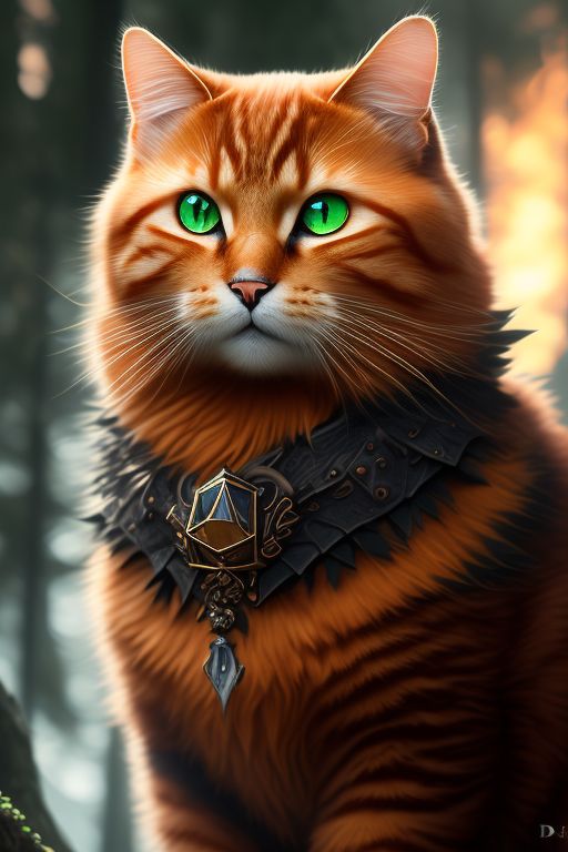Enchantress anthropomorphic cat, leather armor, druid, nature, autumn forest, fierce, big green
