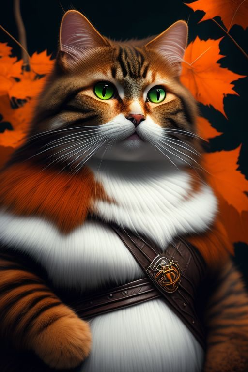 Enchantress anthropomorphic cat, leather armor, druid, nature, autumn forest, fierce, big green