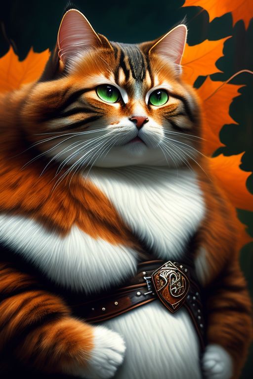 Enchantress anthropomorphic cat, leather armor, druid, nature, autumn forest, fierce, big green