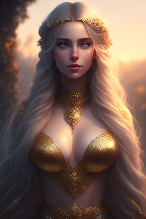 Plain Eland885 Portrait Of A Beautiful Elf Woman Gold Hair Long Wavy Hair Braids Pointed 2387