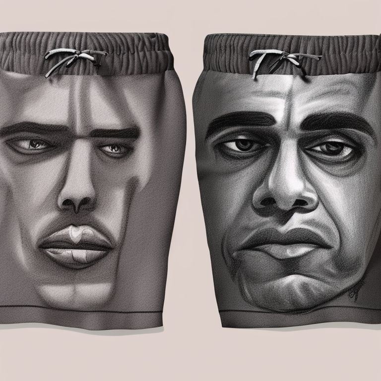  a pair of men's swim shorts by them self, with Barrack Obama's face drawn on them, Fashion sketch, Fashion, Sketchbook, Charcoal, Colored pencil, On a neutral background