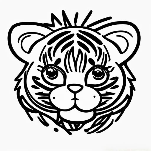 Cute cartoon baby tiger line drawing, black on white background