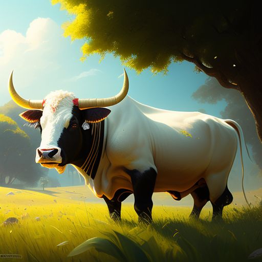 A happy bull 
, in a lush green field with a clear blue sky, Playful, Whimsical, friendly, Warm, Digital painting, low angle shot, Detailed, Trending on Artstation, art by greg rutkowski and alphonse mucha.