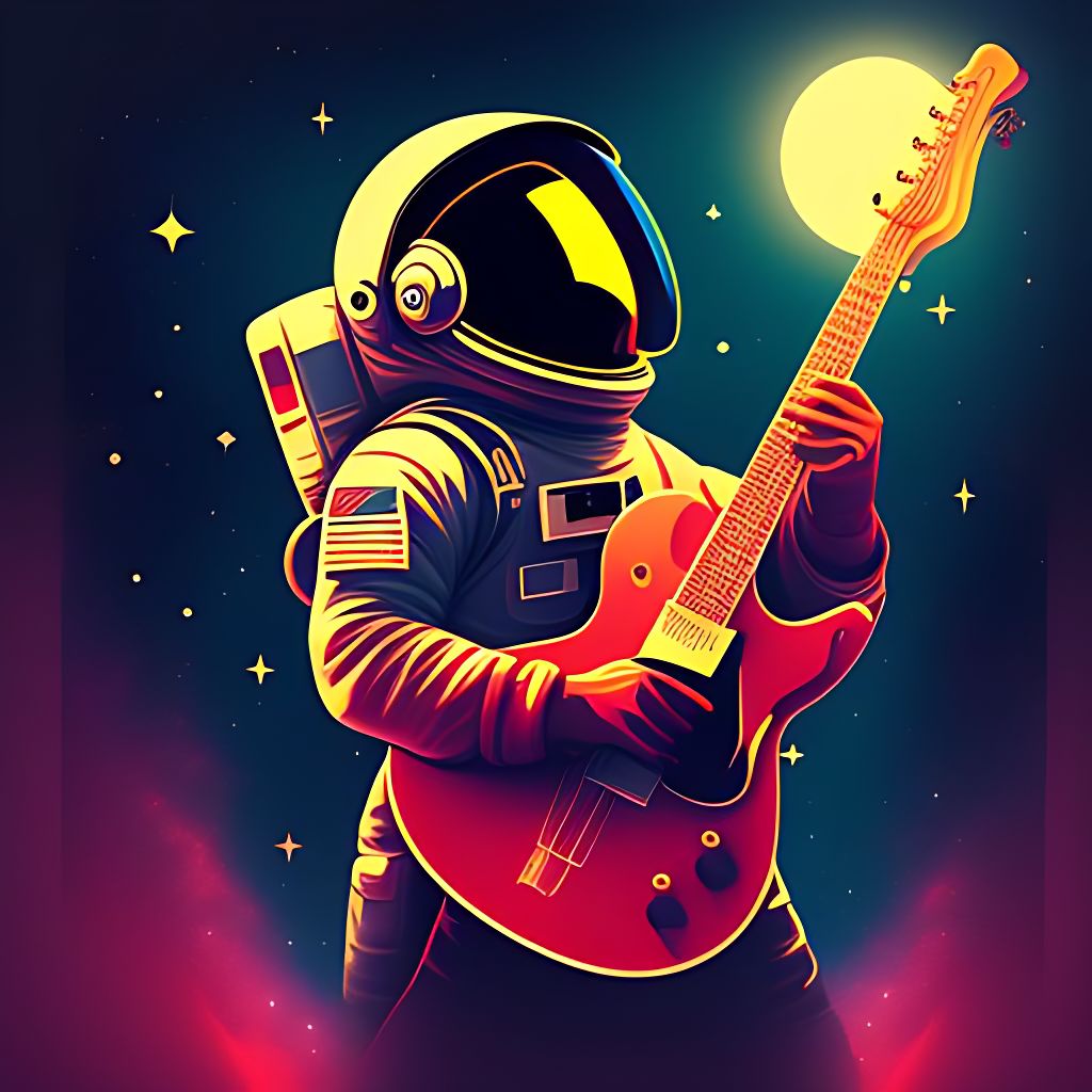Vector illustration, Minimalistic, Digital illustration, an astronaut playing guitar in space, relaistic image, HD quaity, T-shirt design, Dramatic Lighting, Trending on Artstation, Award winning, Icon, Highly detailed