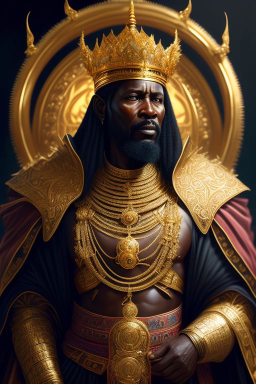 Great King of Tanzania, Regal, Majestic, adorned with gold, surrounded by wildlife, Intricate details, Highly detailed, Digital painting, Artstation, Concept art, Sharp focus, Warm lighting, Illustration, art by magali villeneuve and greg rutkowski and wayne barlowe and alphonse mucha, oil painting style.