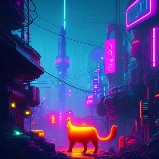 22 pixels crypto animals world, in a neon world, with cyberpunk lighting, Detailed, Digital painting, Artstation, low saturation, by simon stalenhag, Syd Mead, and john frye.