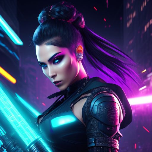 Zesty-lark10: In A Neon-lit Cyberpunk City, A Female Assassin Dressed 