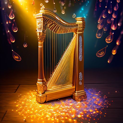 sugary-deer463: Beautiful magic harp decorated with golden peacock feather,  shiny, beautiful flower background, bright beautiful colors, high quality,  clear pattern, space stars, 32k, 5d