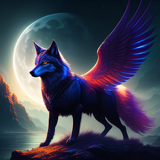 dry-narwhal382: Winged wolf in protective stance over valkyrie with  volumetric light piercing through the void of space