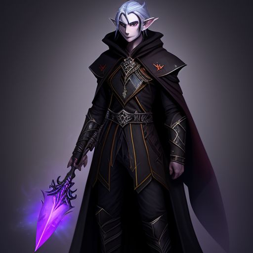 half-elf drow warlock male, dark colored eyes, dark black hair, azalin rex crown, 25 years old, common clothes with dagger