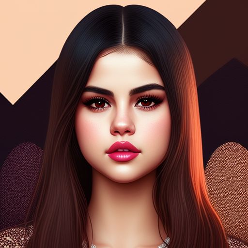 selena gomez with pale skin color and round dark-brown eyes and heart-shaped lips and a small forehead, button nose, and heart-shaped lips, Highly detailed, realistic lighting, 8k revolution, sharp focus. art by audrey kawasaki and loish.