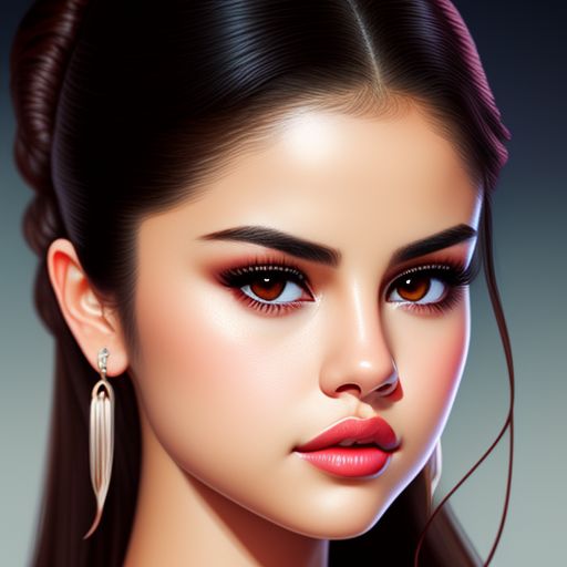 selena gomez with pale skin color and round dark-brown eyes and small heart-shaped lips and a small forehead, button nose, and heart-shaped lips, Highly detailed, realistic lighting, 8k revolution, sharp focus. art by audrey kawasaki and loish.