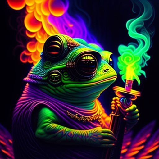pepe the frog,  smoking a bong, Surreal, Psychedelic, Neon colors, Digital art, Highly detailed, trending on reddit, low-lit, Glowing, Dark, Vibrant, art by greg rutkowski and hr giger and alex grey, Sharp focus, Illustration