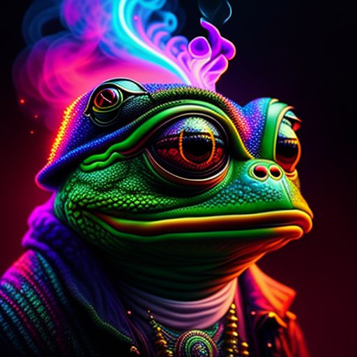 pepe the frog,  smoking a bong, background city, Surreal, Psychedelic, Neon colors, Digital art, Highly detailed, trending on reddit, low-lit, Glowing, Dark, Vibrant, art by greg rutkowski and hr giger and alex grey, Sharp focus, Illustration