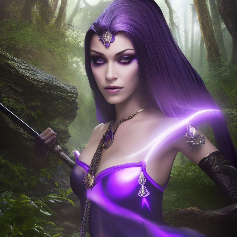 Enchantress with purple magic., casting purple magic in a dark forest, Moody, Highly detailed, Digital painting, Artstation, Sharp focus, Illustration, inspired by art of greg rutkowski and artgerm.