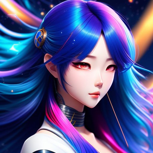 aki hayakawa r 
, flowing blue hair, against a colorful and vibrant cosmic background, Highly detailed, Digital painting, anime-style, art by sakimichan and artgerm, Sharp focus, Trending on Artstation, perfect for a phone wallpaper.