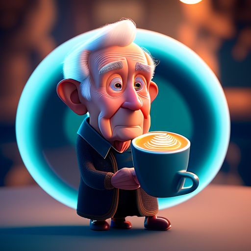 standing centered, Pixar style, 3d style, disney style, 8k, Beautiful, elderly drinking coffee