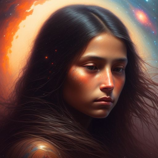 Native American  Girl with long hair looks to the mirror and sees the endless universe, her long hair flowing freely around her, the mirror reflects the vast, endless universe filled with bright stars, nebulae, and galaxies, the mood is contemplative and reflective, with warm lighting and sharp focus, highly detailed and intricate, this piece is inspired by the art of howard lyon, Greg Rutkowski, and zdislav beksinski. trending on artstation, this realistic portrait captures the beauty and wonder of the universe.
