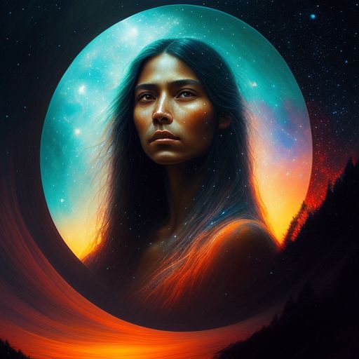 Native American  Girl with long hair looks to the mirror and sees the endless universe, her long hair flowing freely around her, the mirror reflects the vast, endless universe filled with bright stars, nebulae, and galaxies, the mood is contemplative and reflective, with warm lighting and sharp focus, highly detailed and intricate, this piece is inspired by the art of howard lyon, Greg Rutkowski, and zdislav beksinski. trending on artstation, this realistic portrait captures the beauty and wonder of the universe.