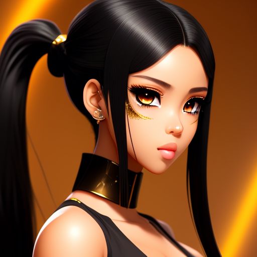 tubby-goshawk85: A girl with long black hair in a high ponytail with  mustard-brown skin and gold eyes anime style. 2D