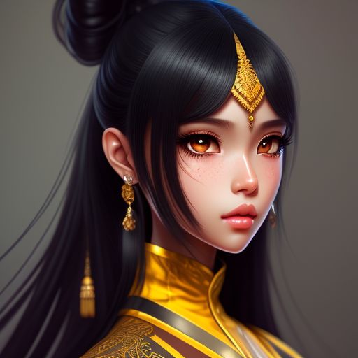 tubby-goshawk85: A girl with long black hair in a high ponytail with  mustard-brown skin and gold eyes anime style. 2D