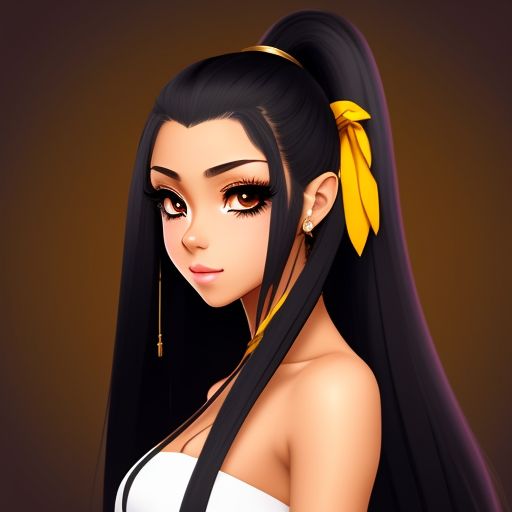 tubby-goshawk85: A girl with long black hair in a high ponytail with  mustard-brown skin and gold eyes anime style. 2D