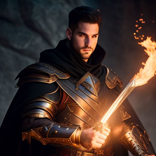 Dungeons and Dragons Paladin casting a spell, Character portrait, dignified, Dynamic shot, physically fit, Paladin, plate armor, Wearing a black cloak, glaive, sorceror, male human