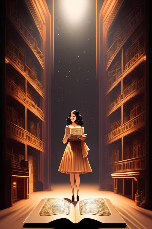 woman, young, student, mysterious, full body, reading a book, a musical theatre production, set design, Warm lighting, vintage style, Highly detailed, art deco influence, Sharp focus, trending on broadway, art by tim yip, Intricate, elegant.