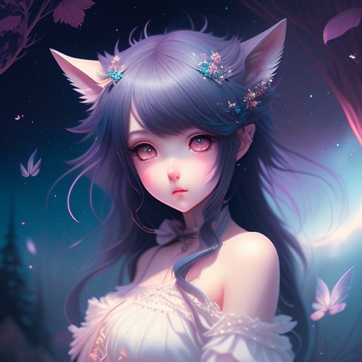 n: Wolf cute anime girl with black hair, dark blue eyes