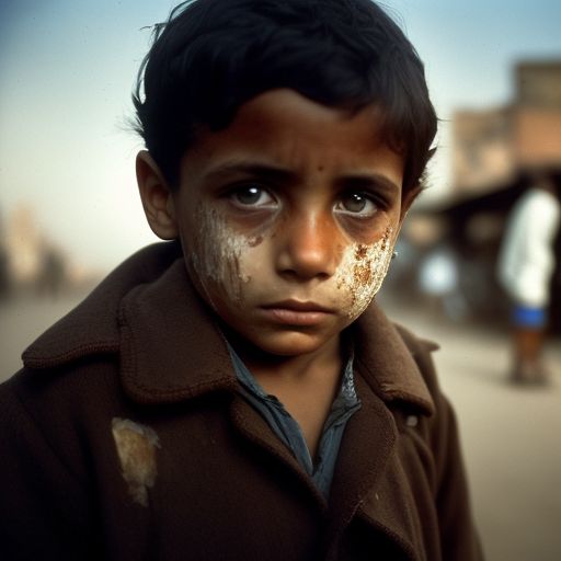 tan-aardvark821: a real portrait photograph of cute hungry poor boy dirt on  face wearing torn and dirty dress looking at a fallen piece of bread on the  street in the morning expensive