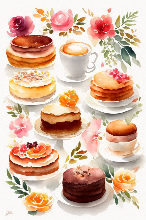 Delicate watercolor illustration, 10cup caks, Warm color palette, Pastel colors, White background, Cozy