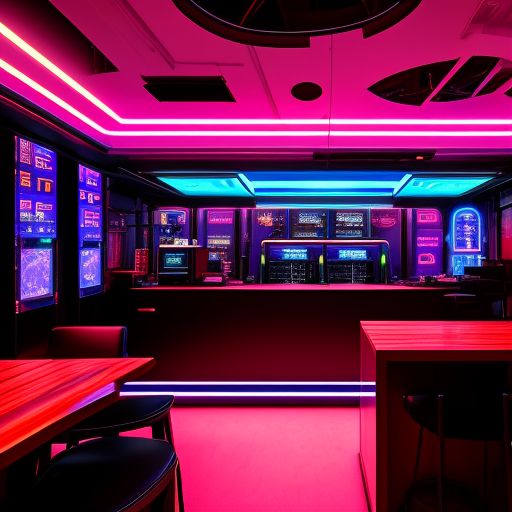 Sci-fi setting. Highly detailed. cyberpunk style architecture. An interior of a cyber-cafe with a counter and digital screens on the walls. open door overlooks a hall with closed doors on both sides. dim neon lighting --ar 16:9